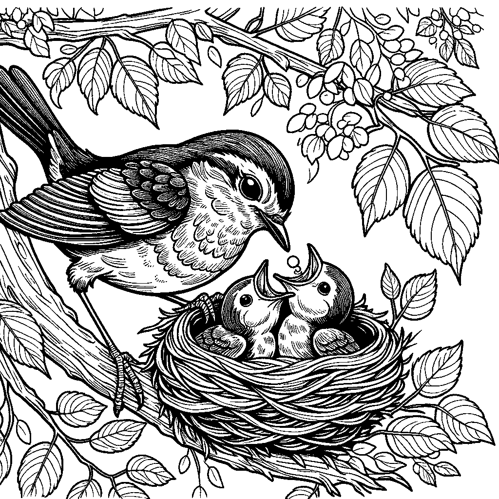 A Mother Robin Feeding Baby Birds In A Nest Perched On A Branch