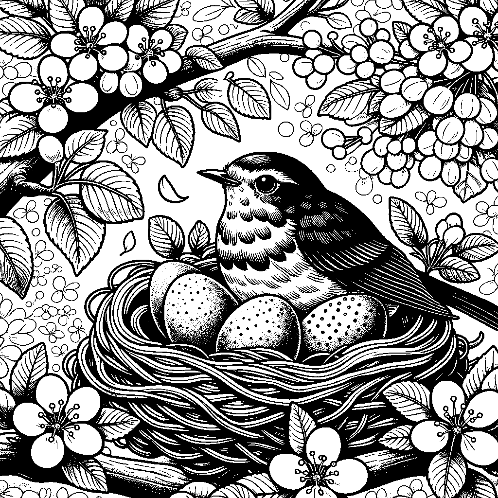 A Robin Sitting On A Nest With Speckled Blue Eggs In A Blooming Apple Tree