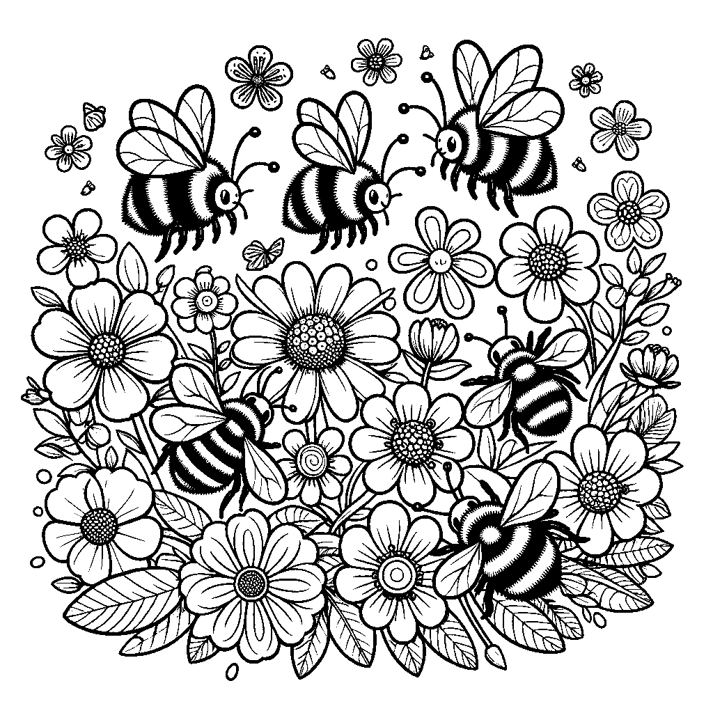 A Group Of Bumblebees Flying Around A Blooming Spring Flower Patch
