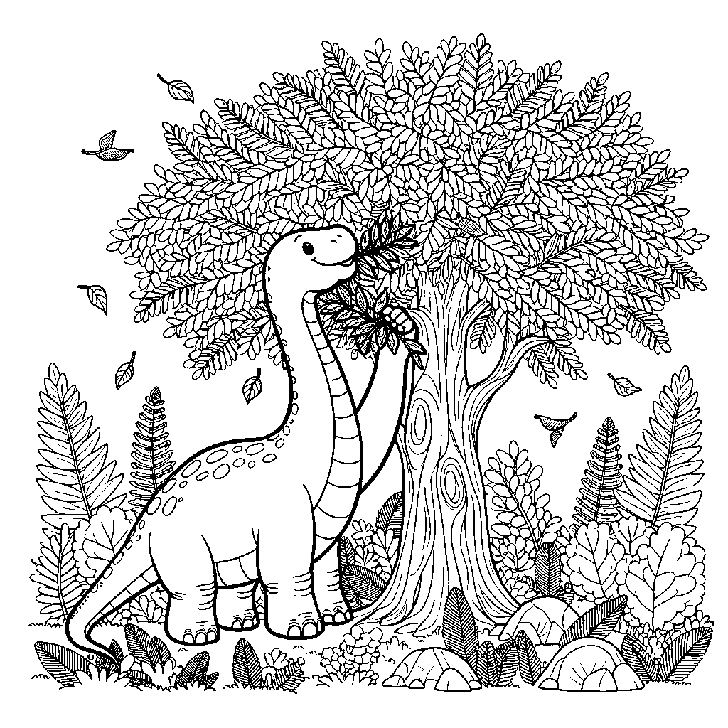 A Friendly Brachiosaurus Eating Leaves From The Top Of A Tall Prehistoric Tree