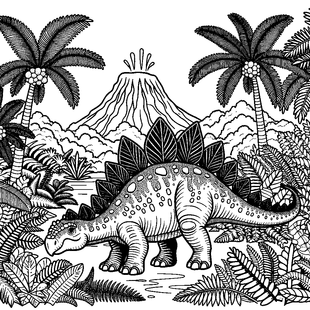 A Stegosaurus Standing In A Prehistoric Jungle With Giant Ferns And A Volcano In The Background