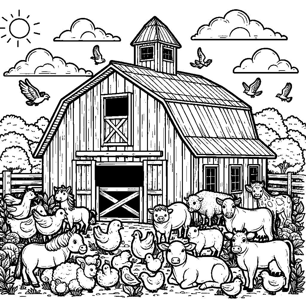 A Barn With Farm Animals Around It