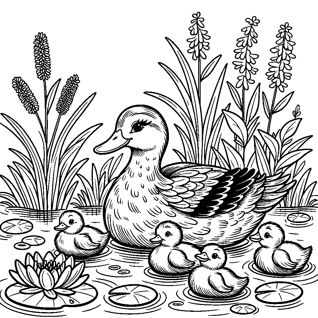 A Duck Family Swimming In A Pond