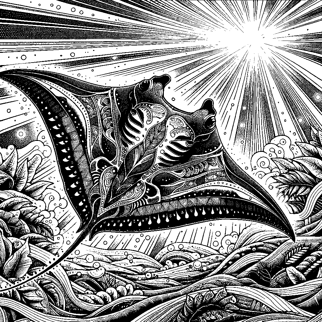 A Giant Manta Ray Gliding Through Beams Of Sunlight In The Deep Ocean