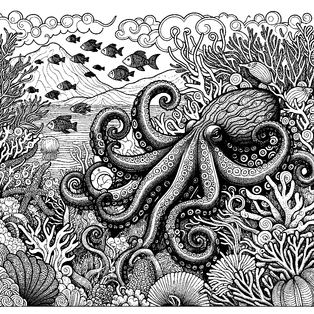 A Giant Octopus With Curling Tentacles Exploring A Coral Reef