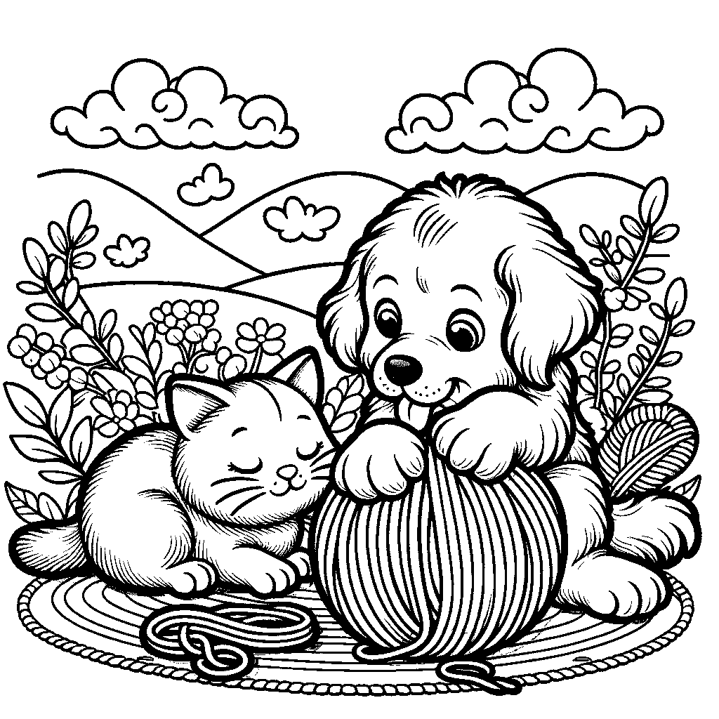 A Golden Retriever Puppy Playing With A Ball Of Yarn Next To A Sleeping Cat