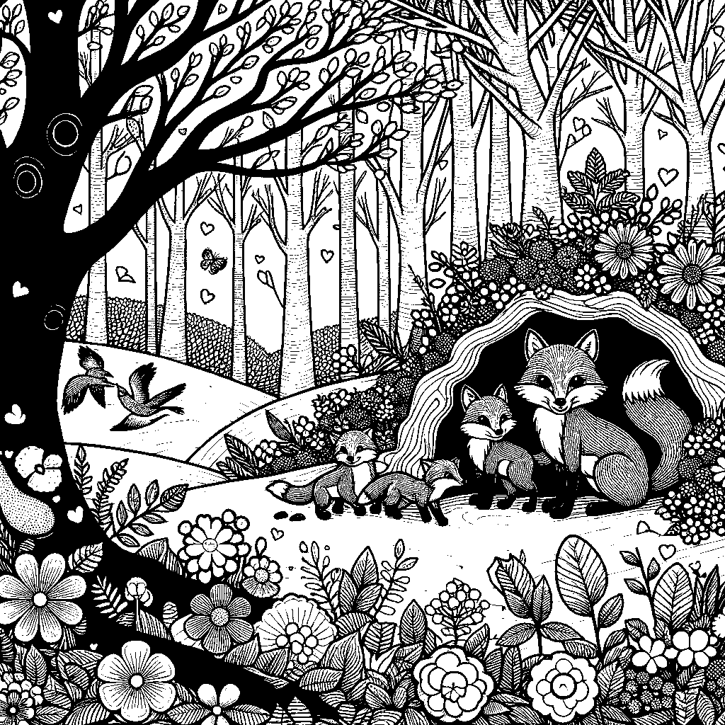 A Fox Family Playing Outside Their Burrow In A Springtime Forest