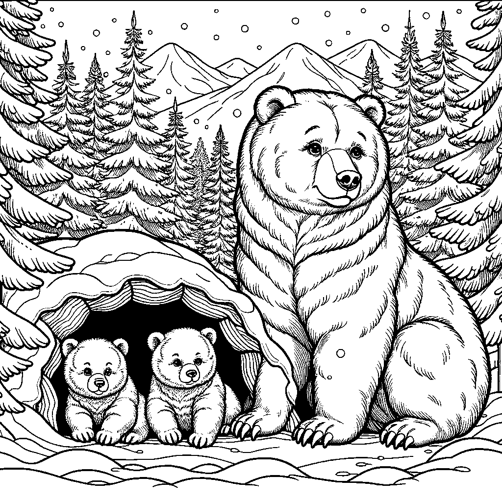 A Mama Bear And Two Cubs Emerging From Their Den In A Snowy Forest At The Start Of Spring