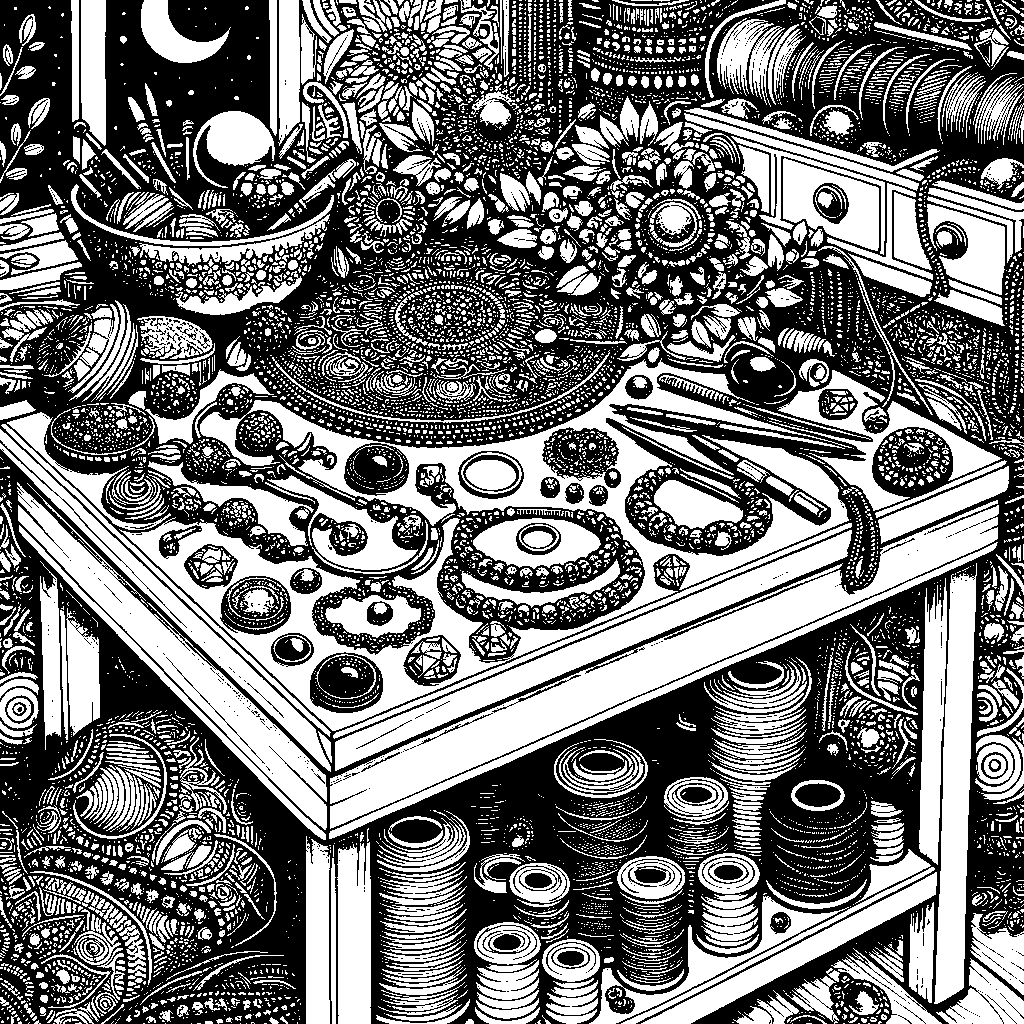 A Jeweler's Table With Beads, Wire, And Gemstones