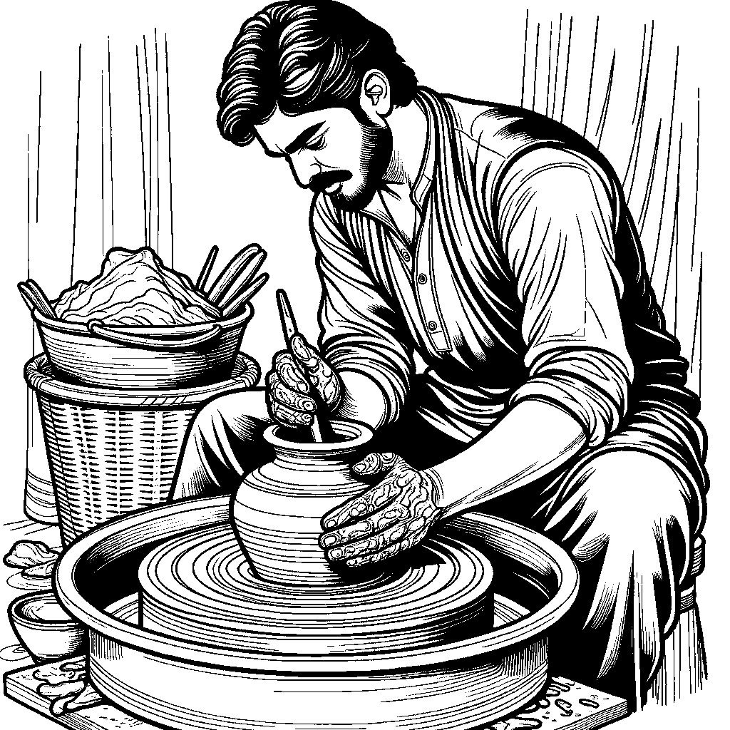 A Potter Shaping Clay On A Wheel
