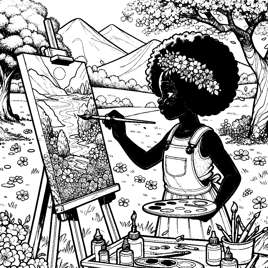 A Child Painting A Large Canvas On An Easel Outdoors In A Sunny Spring Garden With Paint Splatters And Blooming Trees Around Them