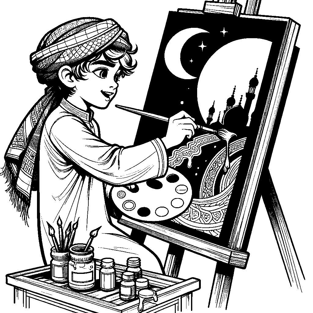 A Child Painting At An Easel With A Palette