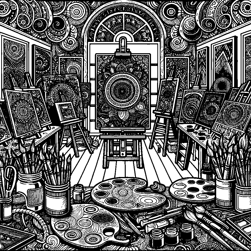 An Art Studio With Canvases And Paint Supplies