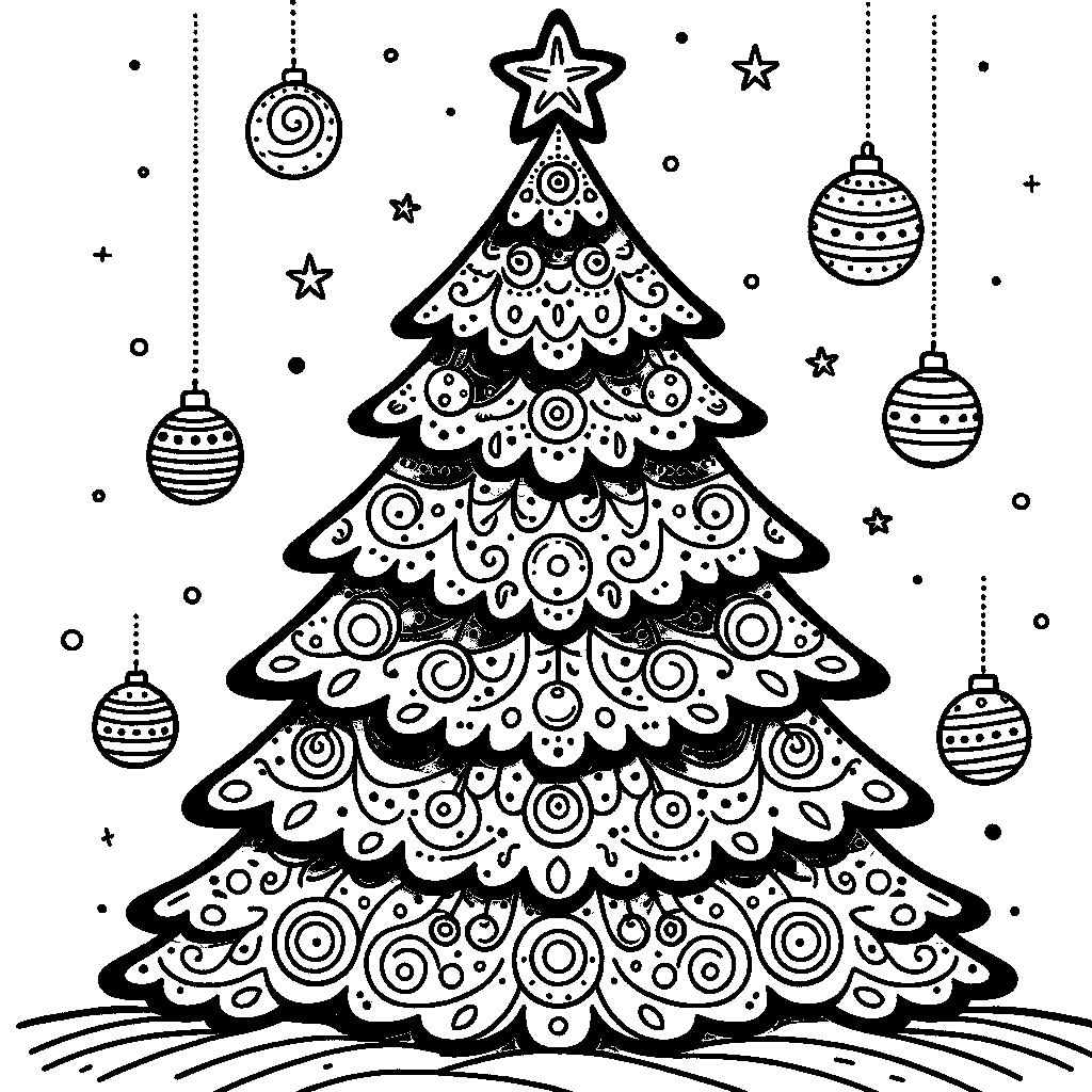 A Big Christmas Tree With A Star On Top And Round Ornaments