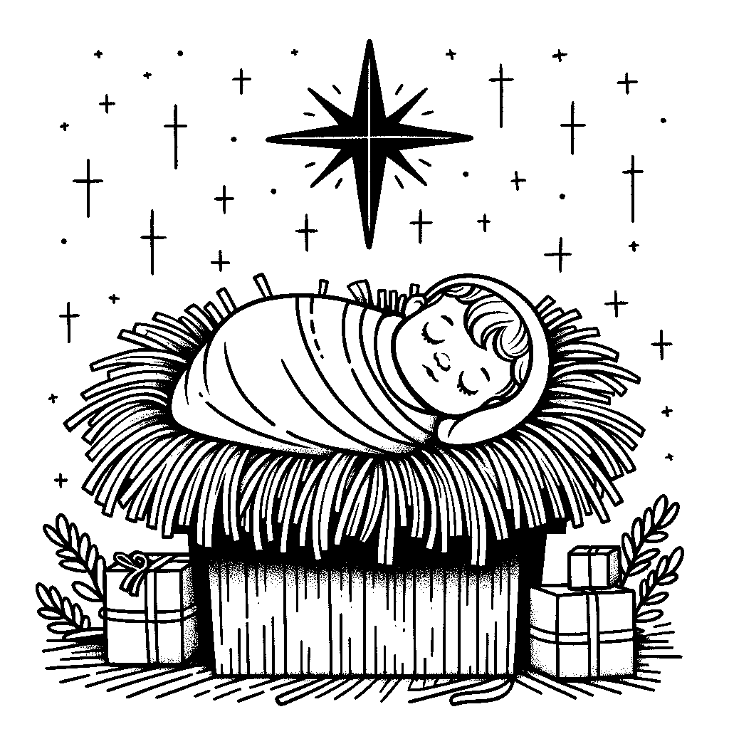 Baby Jesus Sleeping In A Manger With Hay And A Star Above