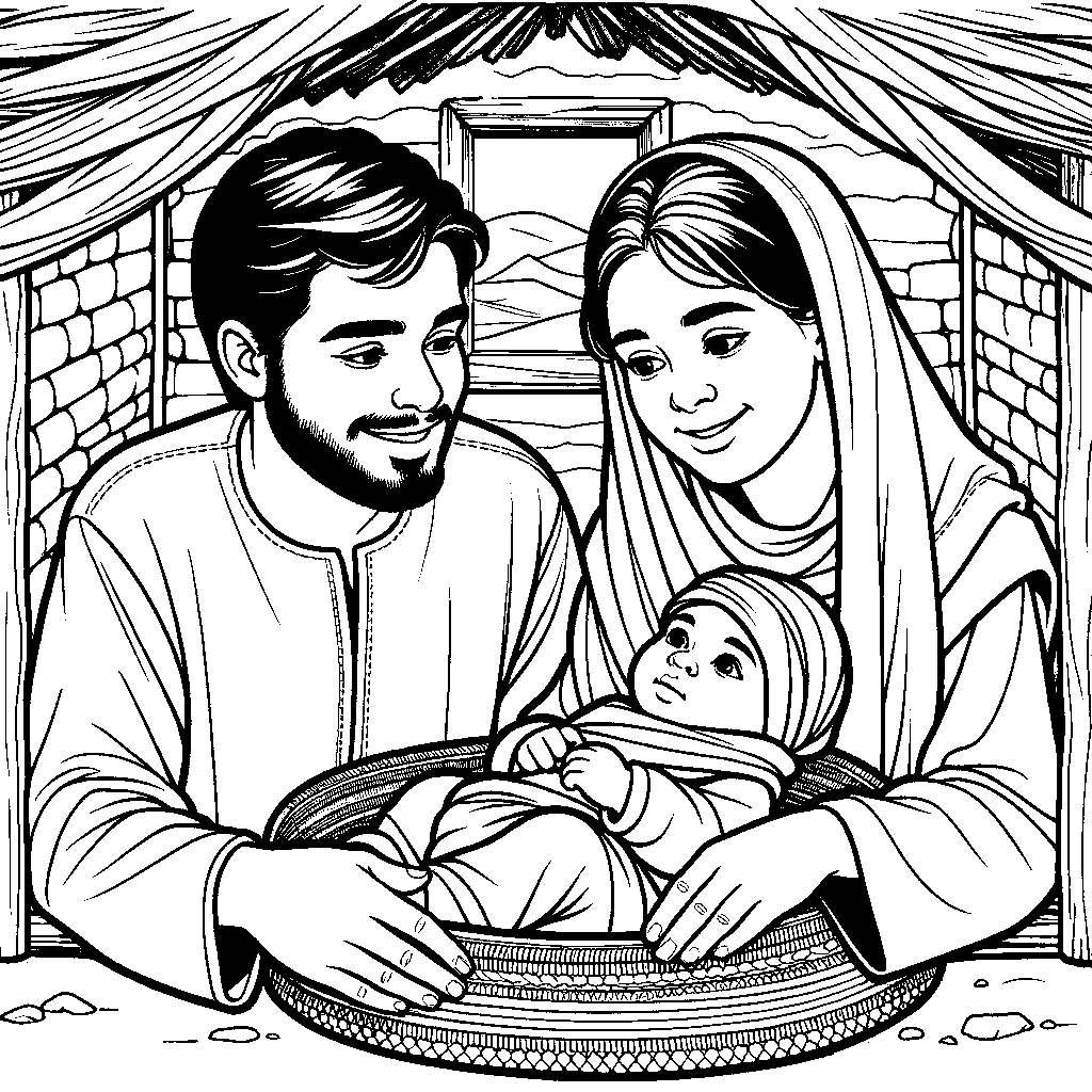 Mary And Joseph Looking Lovingly At Baby Jesus In A Stable