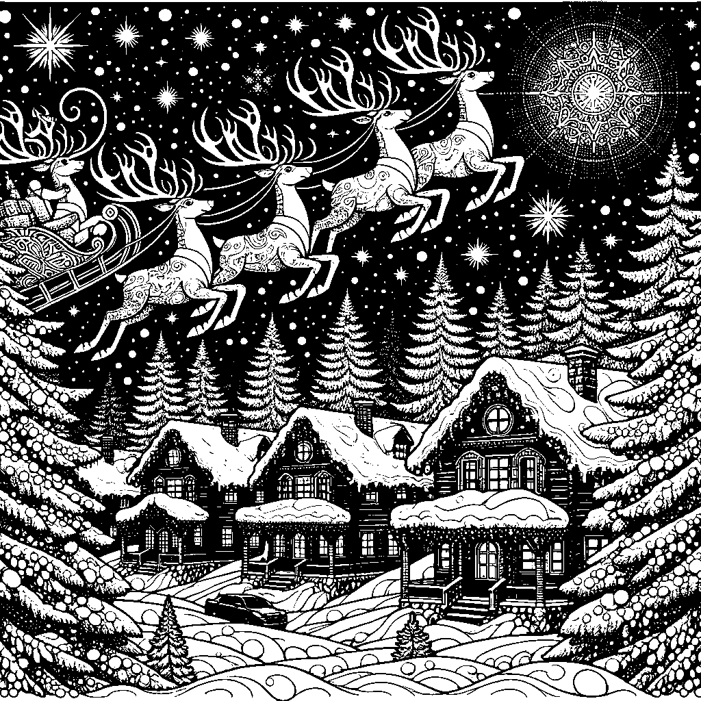 A Team Of Reindeer Flying Over A Snowy Village At Night