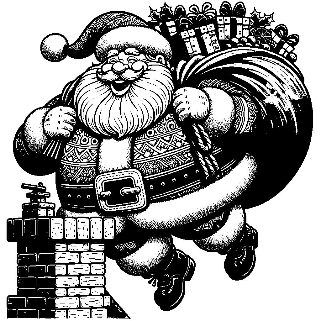 Santa Claus Coming Down A Chimney With A Sack Of Presents