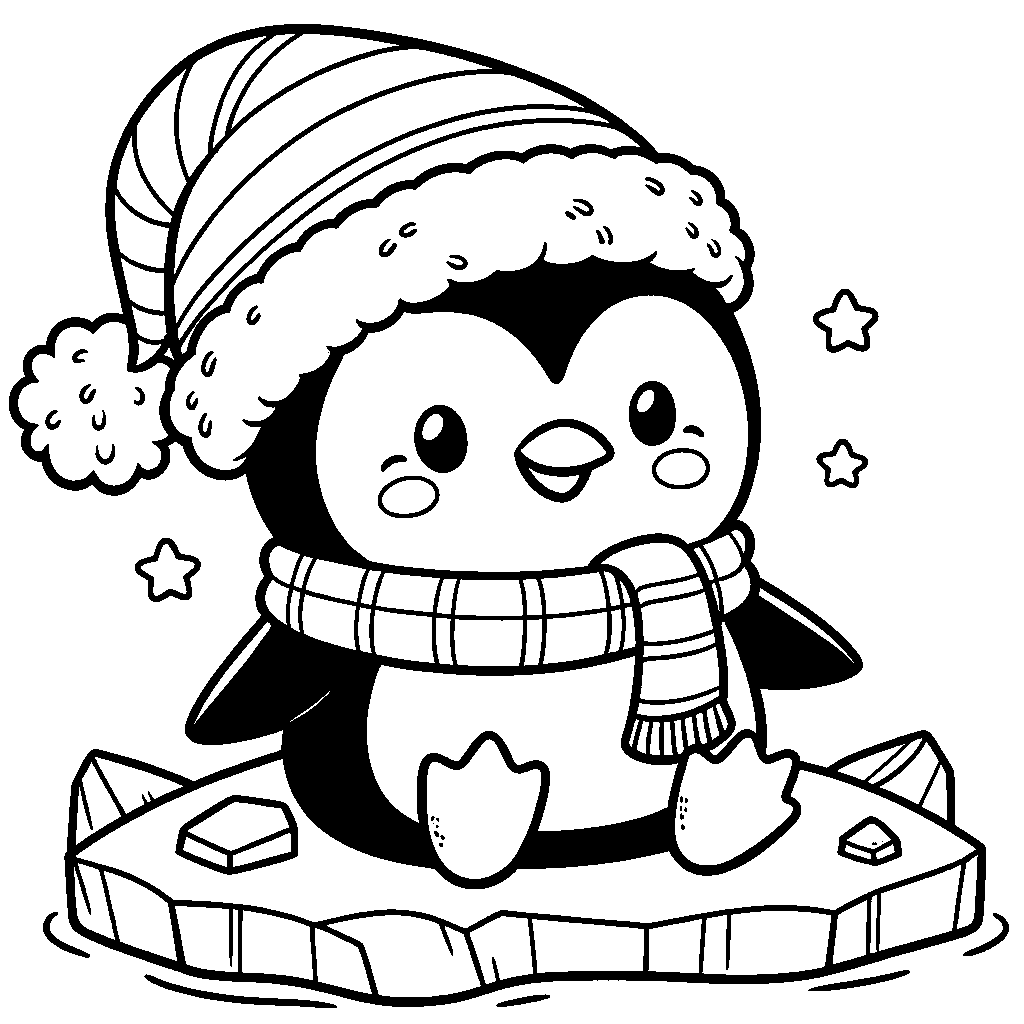 A Penguin Wearing A Santa Hat And Scarf On An Iceberg