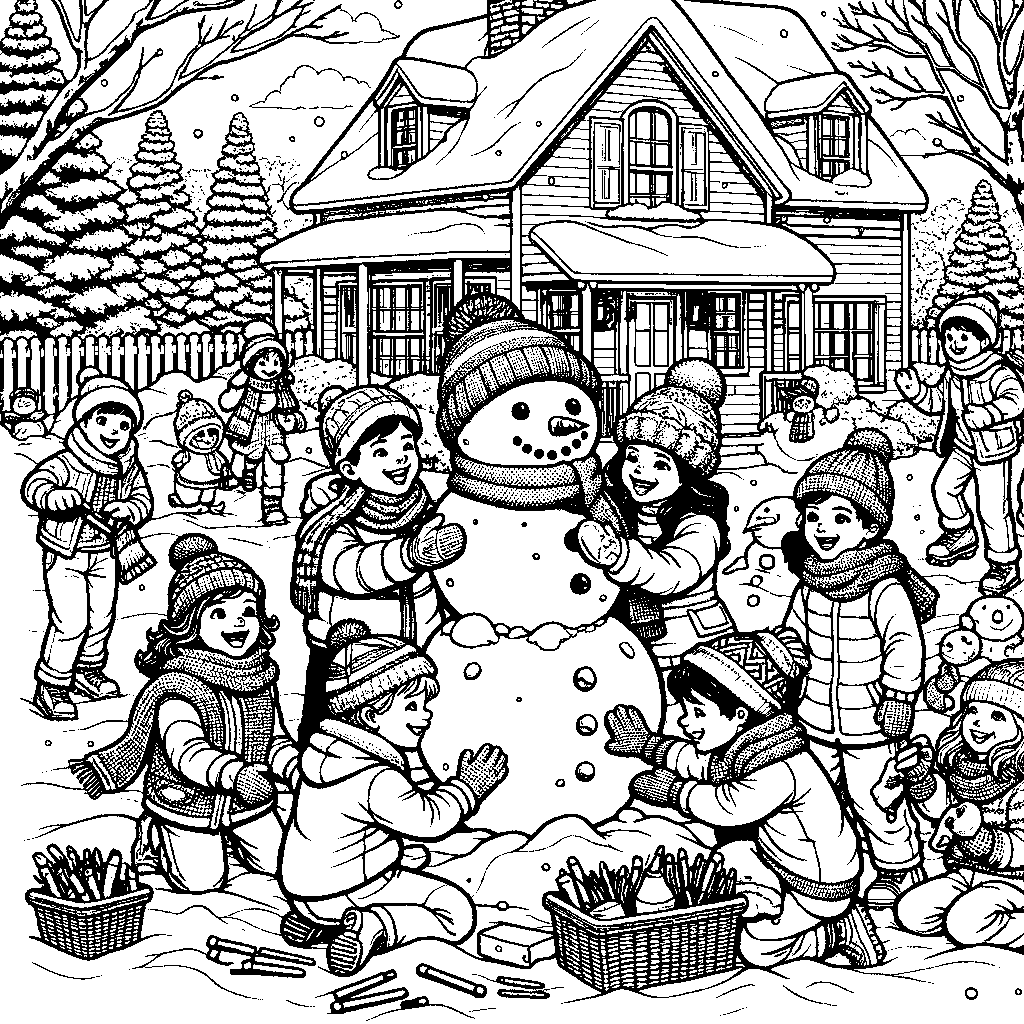 Children Building A Snowman Together In The Yard