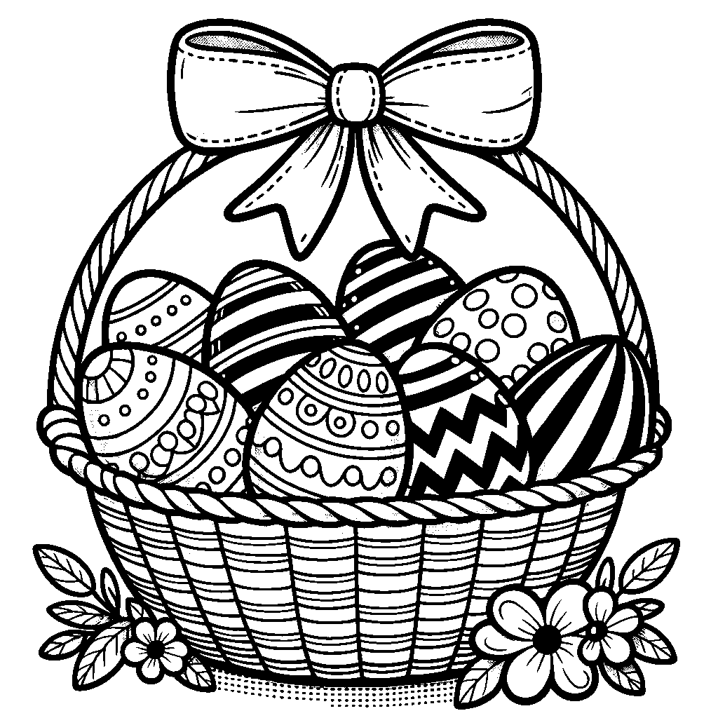 A Basket Full Of Decorated Easter Eggs With A Bow Handle