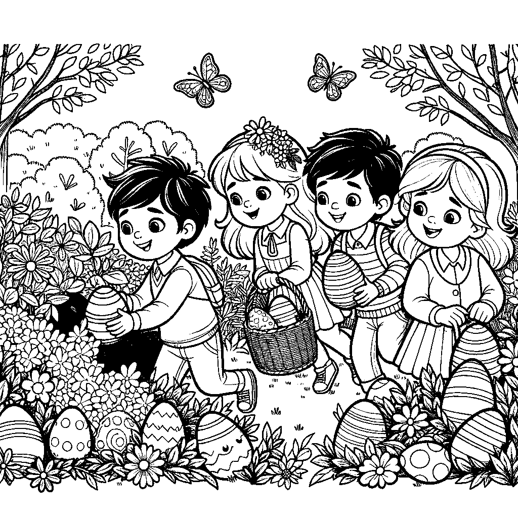 Children Searching For Easter Eggs Hidden In A Garden