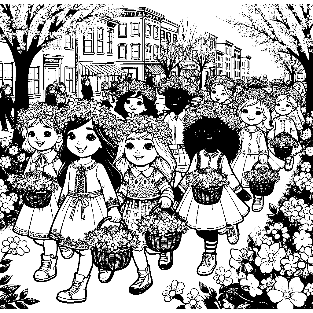 A Cheerful Easter Parade With Children In Flower Crowns Carrying Decorated Baskets Along A Blossom-lined Street