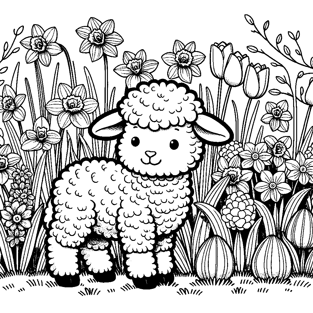 A Lamb Standing In A Field Of Spring Daffodils And Tulips