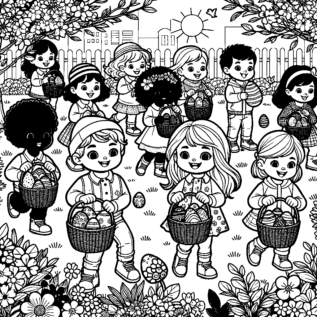 Children In Spring Clothes Doing An Easter Egg Hunt In A Sunny Park