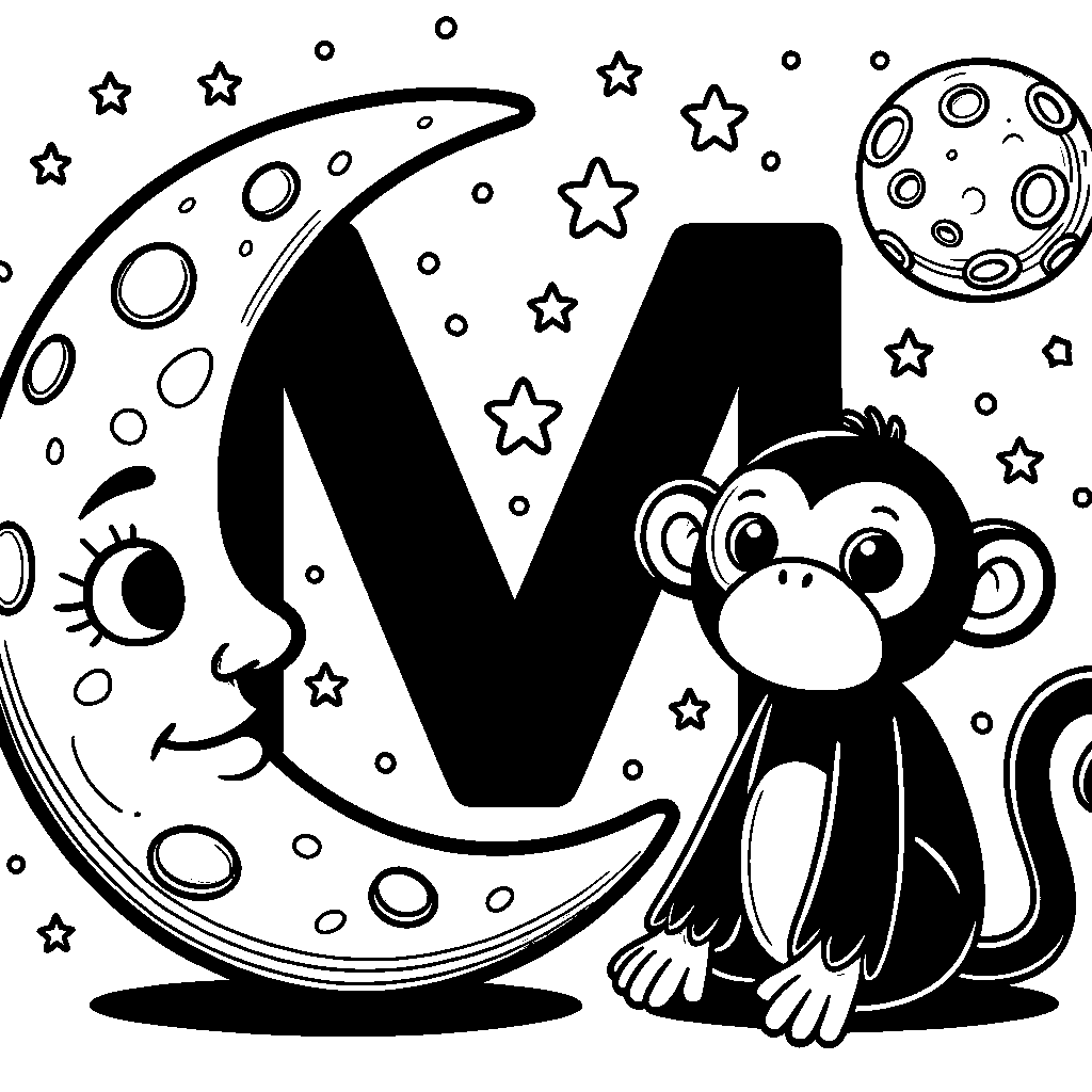 The Letter M With A Moon And A Monkey