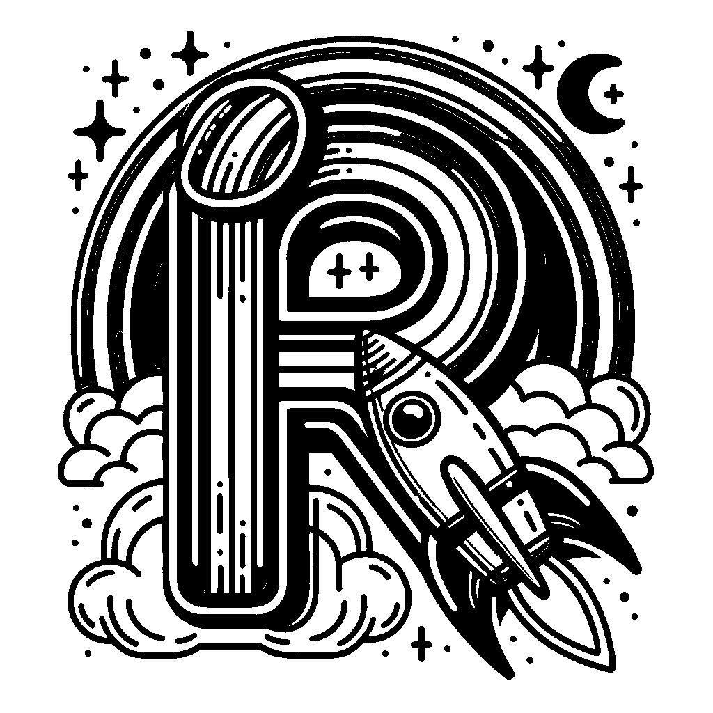 The Letter R With A Rainbow And A Rocket