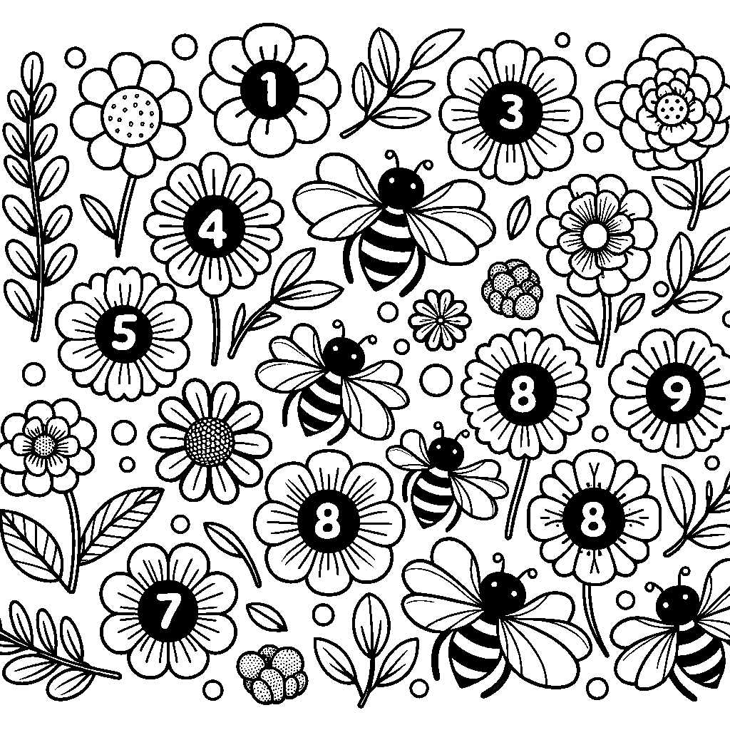 Numbered Spring Flowers From 1 To 10 With Matching Bees To Count And Color