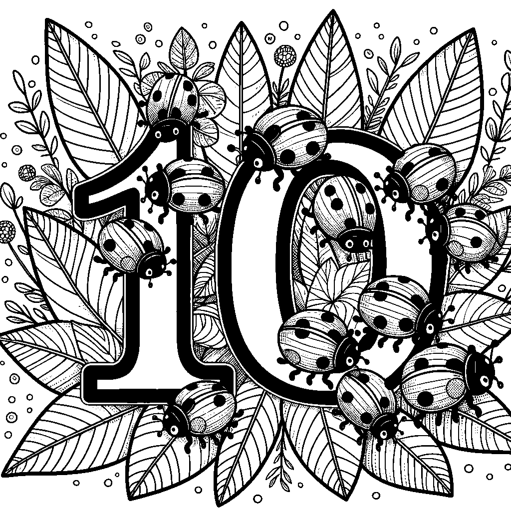 The Number 10 With Ten Ladybugs On Leaves