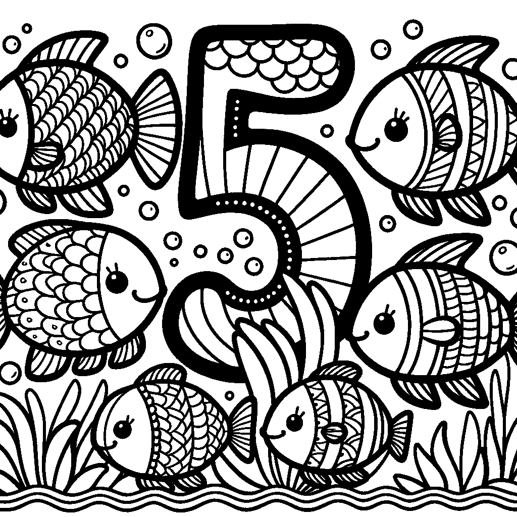 The Number 5 With Five Friendly Fish