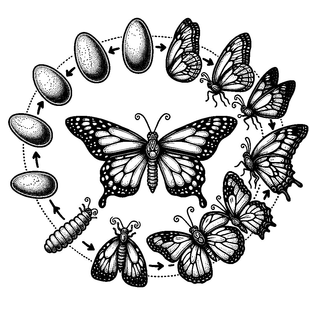 A Diagram-style Coloring Page Showing The Life Cycle Of A Butterfly With Labeled Stages From Egg To Adult
