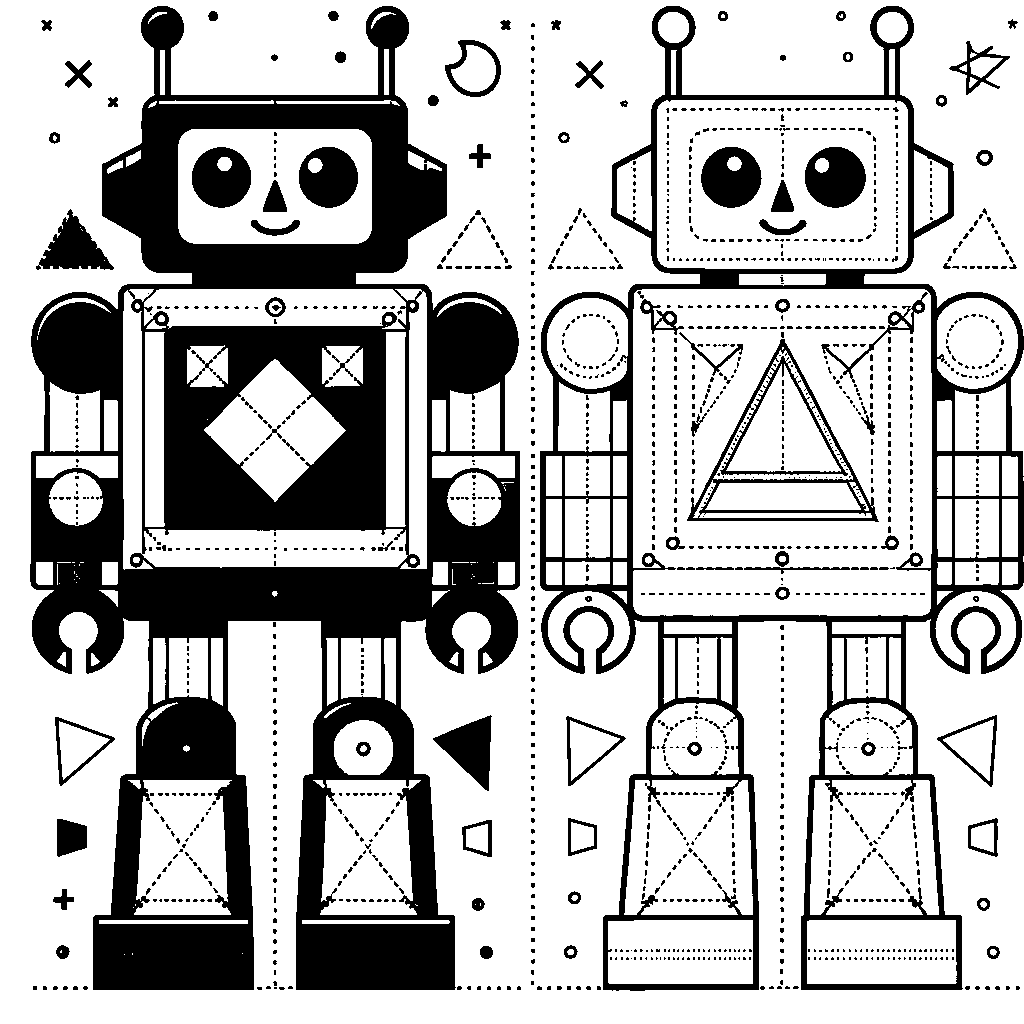 A Friendly Robot Made Entirely Of Labeled Geometric Shapes With Dotted Coloring Guides