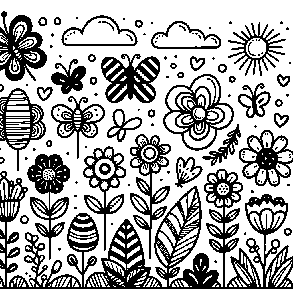 A Spring Garden Scene Where Each Flower, Butterfly, And Cloud Is A Different Labeled Shape To Color