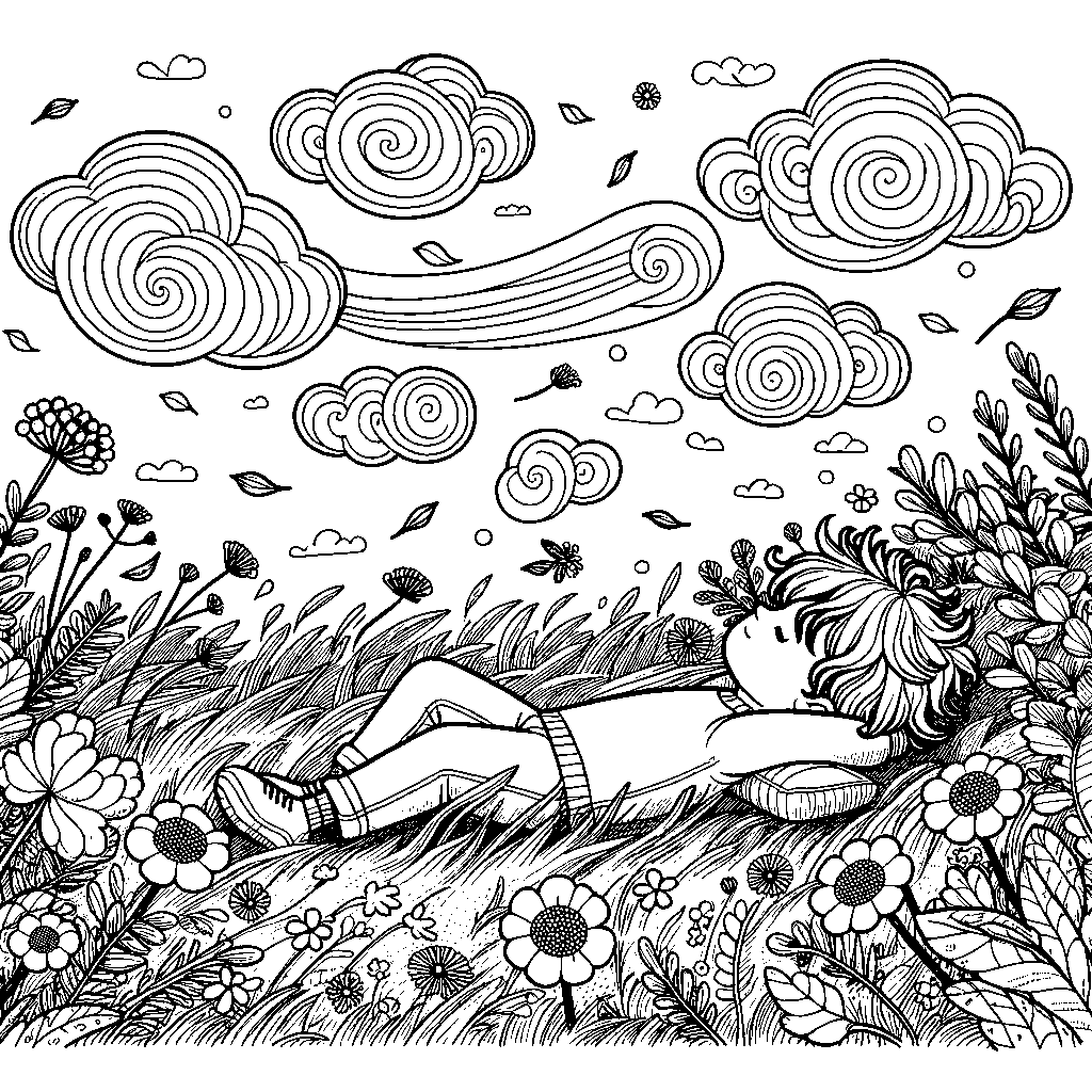 A Child Lying In A Grassy Meadow Watching Clouds Drift By With Gentle Flowers And A Soft Breeze Swirling Around Them