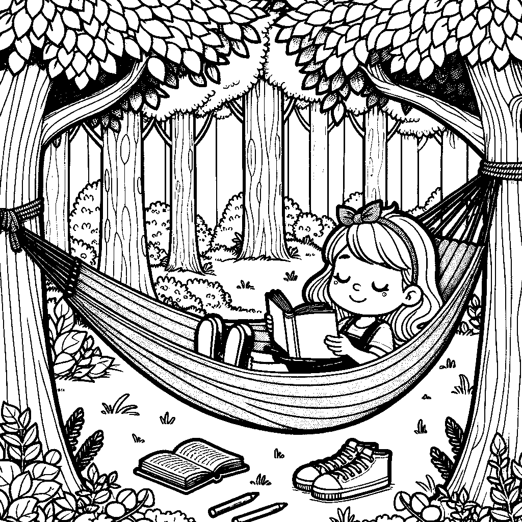 A Child Reading A Book In A Hammock Between Trees