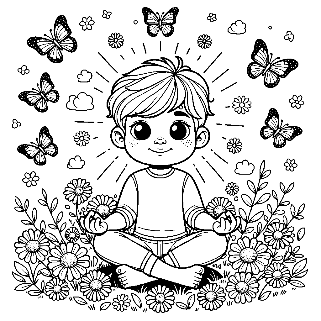 A Child Sitting Cross-legged In A Flower Field Meditating With Butterflies Around Them