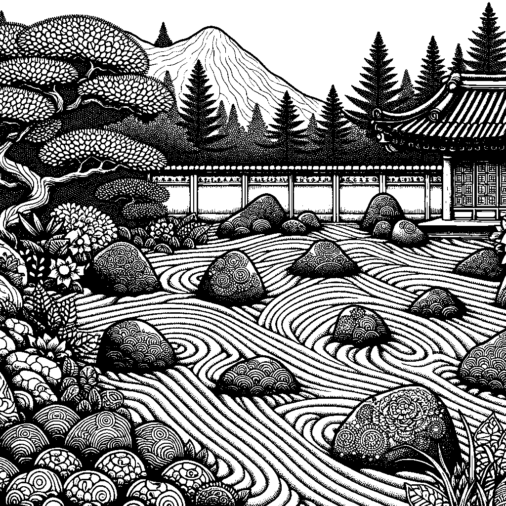 A Peaceful Zen Garden With Raked Sand And Stones