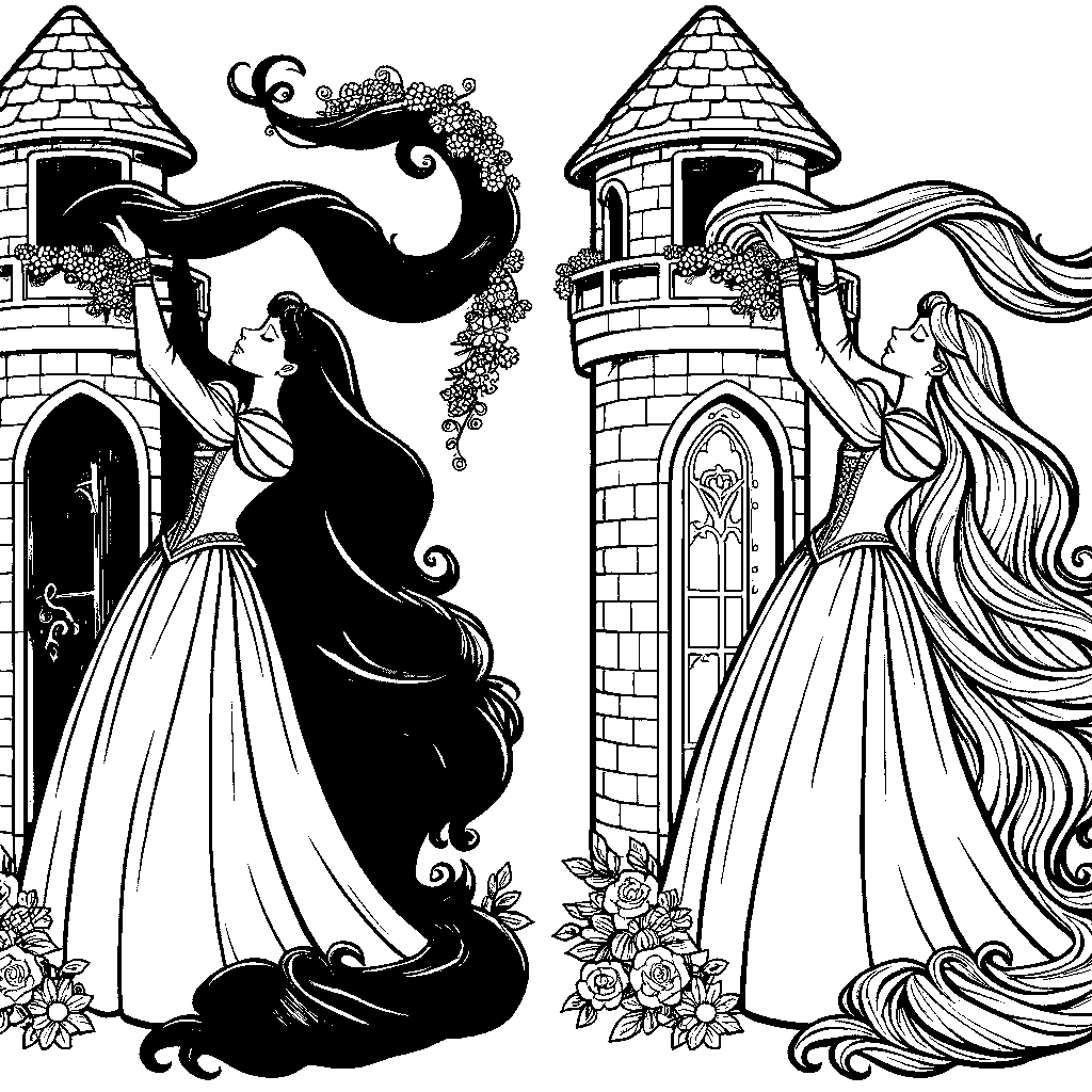 Rapunzel Letting Down Her Long Hair From A Tower