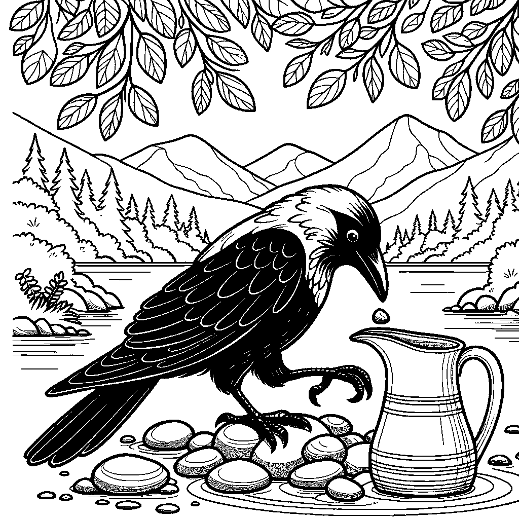 A Crow Dropping Pebbles Into A Water Pitcher