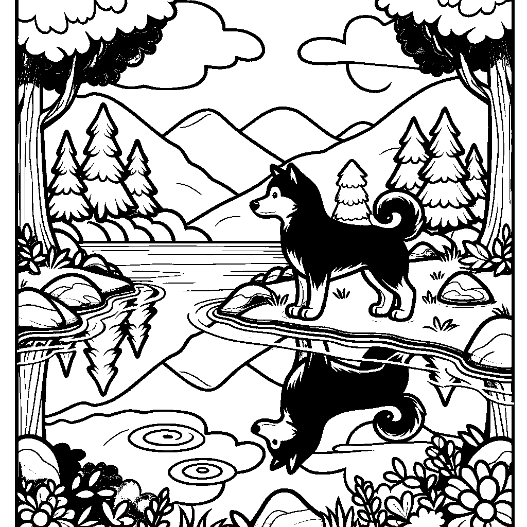 A Dog Looking At Its Reflection In A River