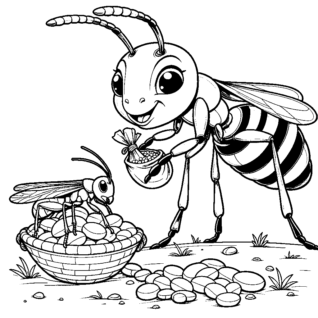 An Ant Carrying Food While A Grasshopper Plays