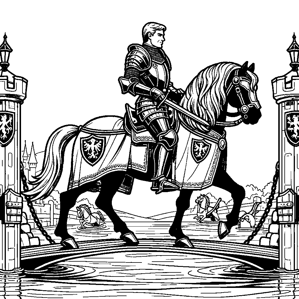 A Knight In Shining Armor On Horseback Crossing A Drawbridge Over A Moat