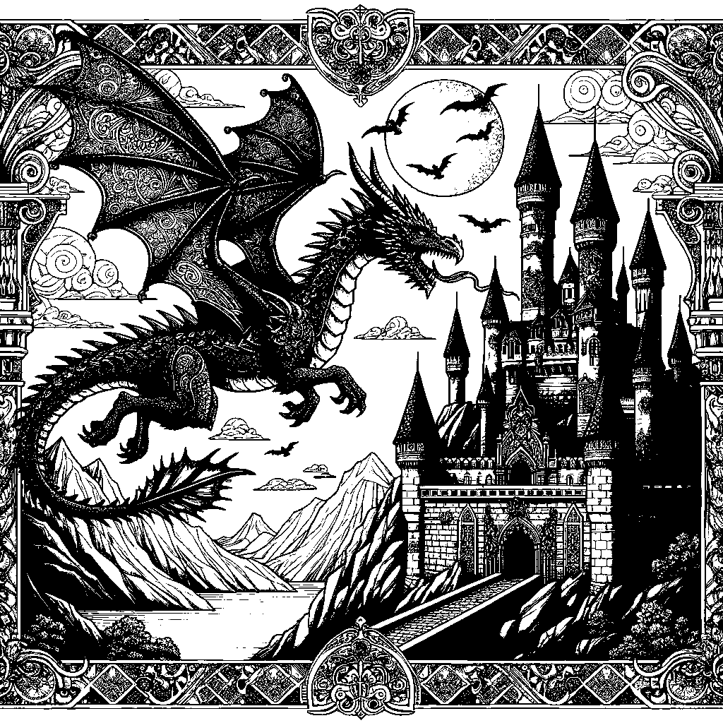 A Dragon Flying Over A Castle