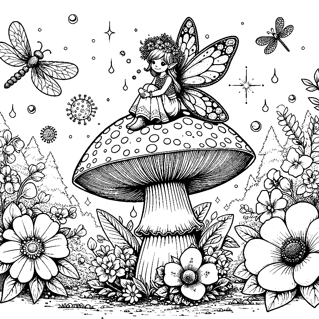 A Flower Fairy Sitting On A Giant Mushroom Surrounded By Dewdrops, Fireflies, And Spring Blossoms