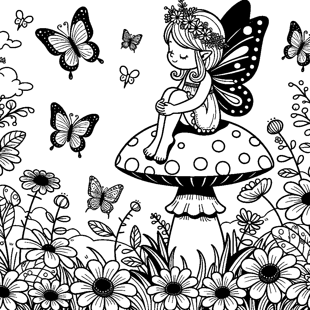 A Spring Fairy Sitting On A Giant Mushroom Surrounded By Blooming Wildflowers And Butterflies