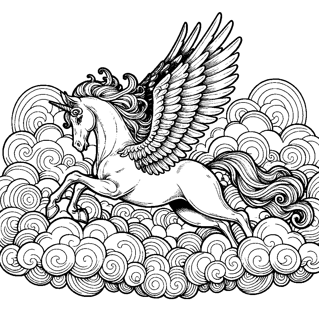 A Pegasus Flying Through Clouds